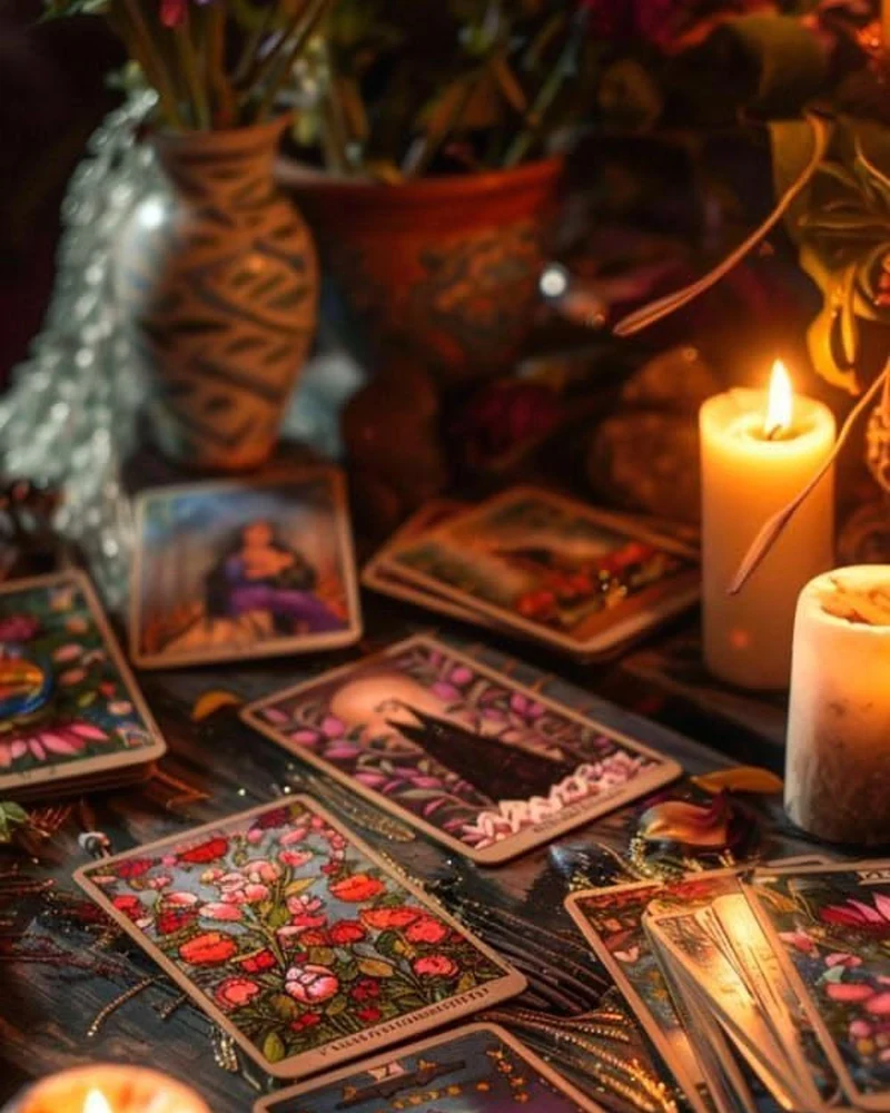 Mesa de tarot com cartas, flores e velas
