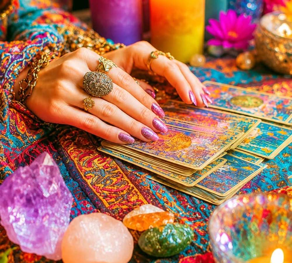 Mesa com cartas, cristais e velas